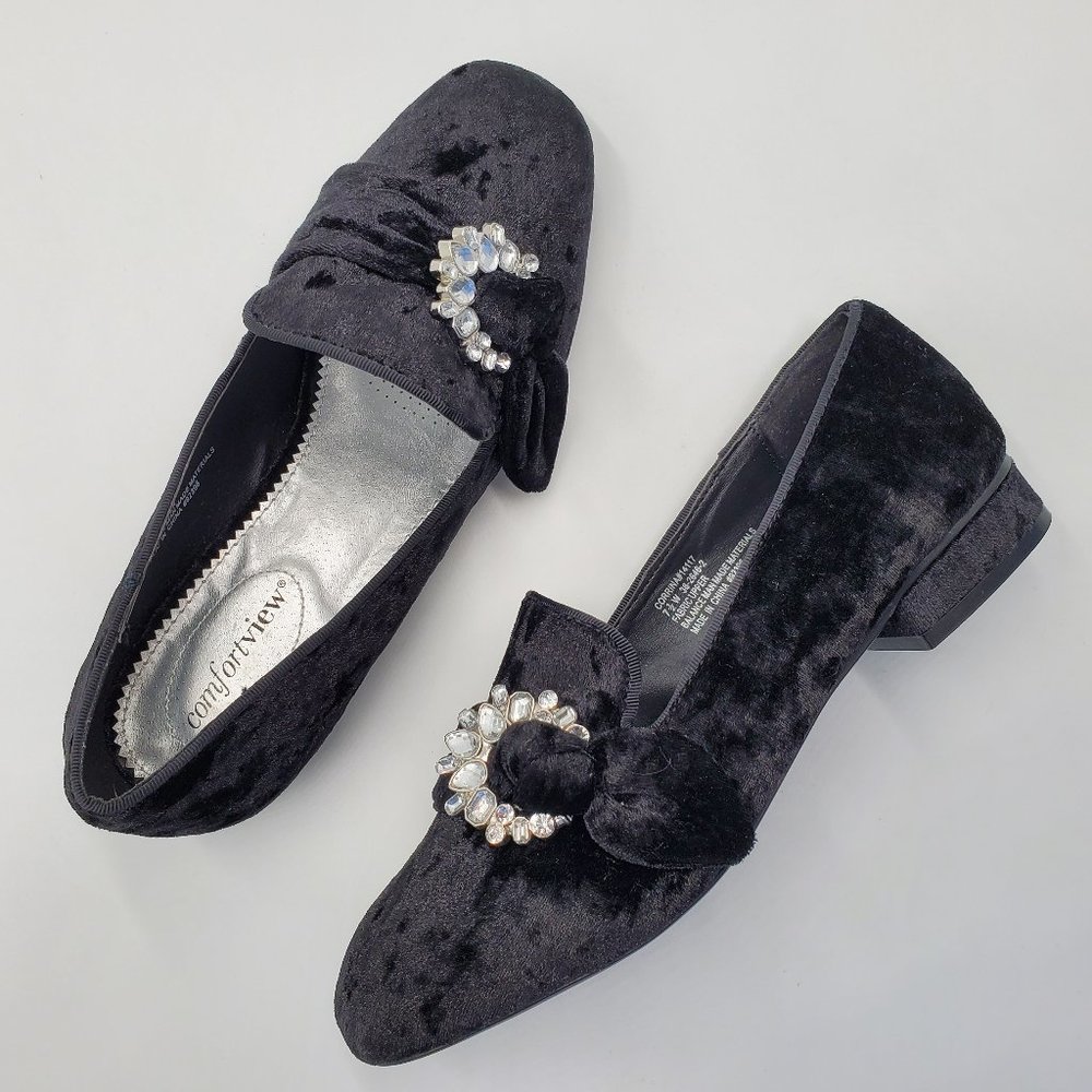 Black Crushed Velvet & Rhinestone Loafers